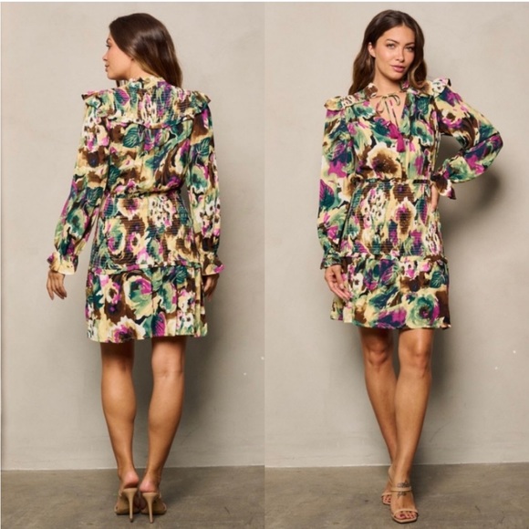 g.p.d. Floral Print Ruffle & Smocked Long Sleeve Dress. Color: Multi/Purple - Picture 3 of 11